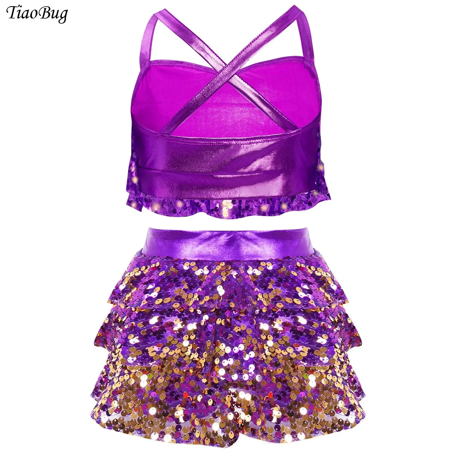 

Girls Jazz Dance Outfit Shiny Sequin Metallic Crop Top with Tiered Culottes Skirted Shorts School Basketball Cheerleading Costum