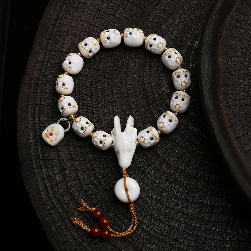 Natural Antler Carved A-Dai Bracelet Single-Circle Deer Head A-Dai Peace Knot Accessory Cultural Artifact Bracelet