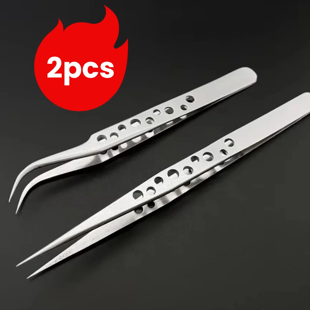 2PC SIndustrial Tweezers Electronics Anti-static Curved Straight Tip Precision Stainless DIY Hand Tools Sets Forceps PhoneRepair