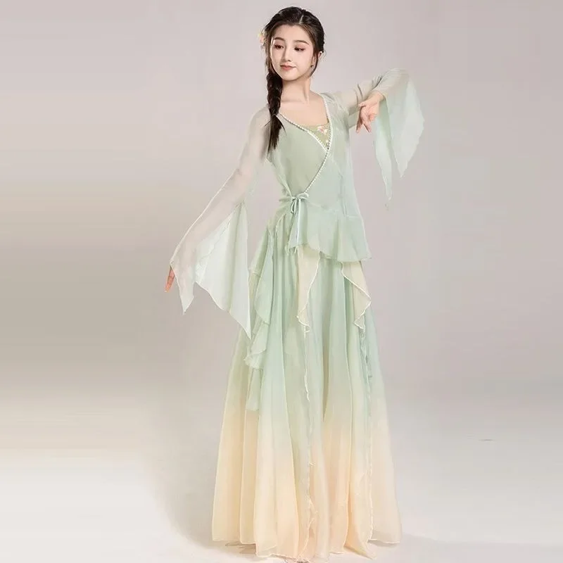 Dance Practice Dress Body Rhyme Gauze Dress Spring Summer Long Sleeve Performance Dress Chinese Dance Dress Set Female