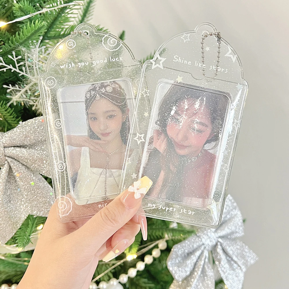 Glittery 3 inch Photocard Holder Transparent Korea Idol Photo Card Holder Cute Heart Star Pattern Clear Card Display Bag Pendant