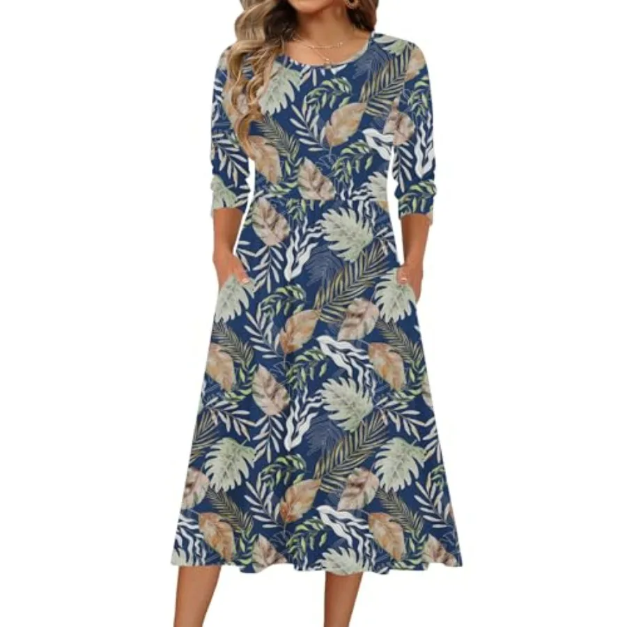 

Zeagoo 3/4 Sleeve Women's Dress Casual Flowy A-Line Midi Tshirt Dresses with Pockets Crewneck Vocation Boho Beach Sundress