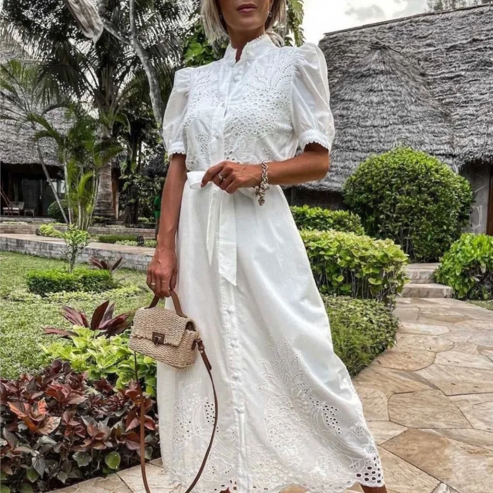 أزياء من الدانتل الدانتيل المرقعة قميص نسائي فستان أنيق الصيف الدانتيل متابعة الخصر محرك الإناث كبيرة سوينغ الوقوف طوق فساتين