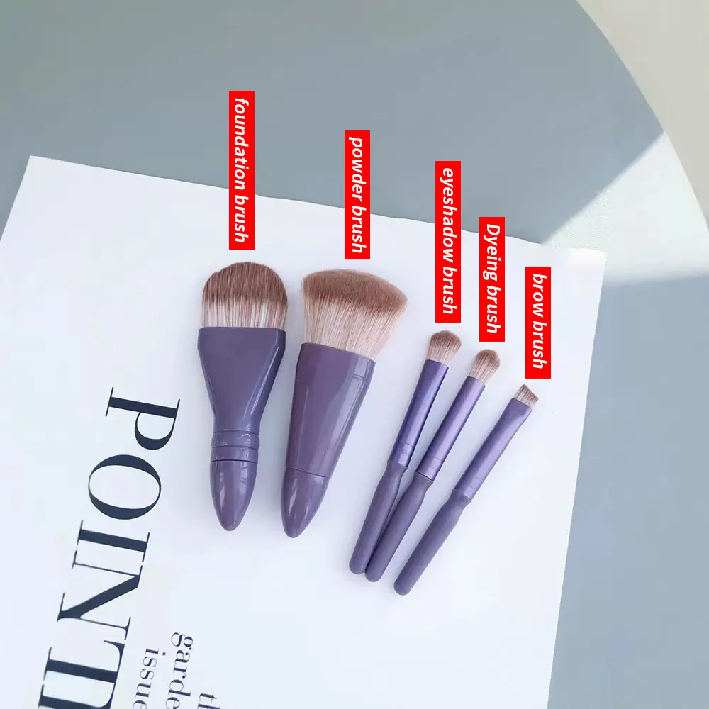 Set di pennelli per trucco portatile da 5 pezzi con specchio Pennello per ombretto multifunzionale Pennello per fondotinta Pennello per cipria Strumento di bellezza cosmetica