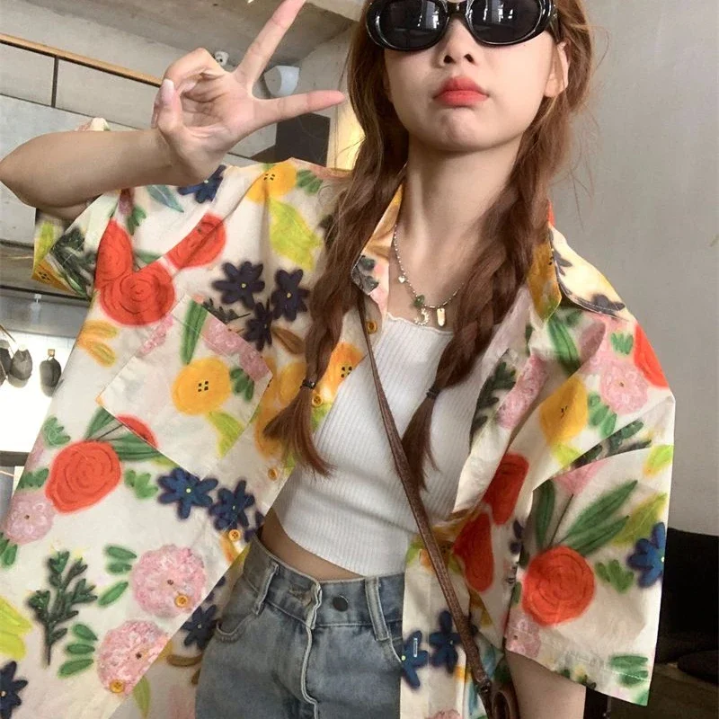 

Rand Тайская рубашка приморская с короткими рукавами, свободный цветочный милый ленивый топ, новый летний стиль