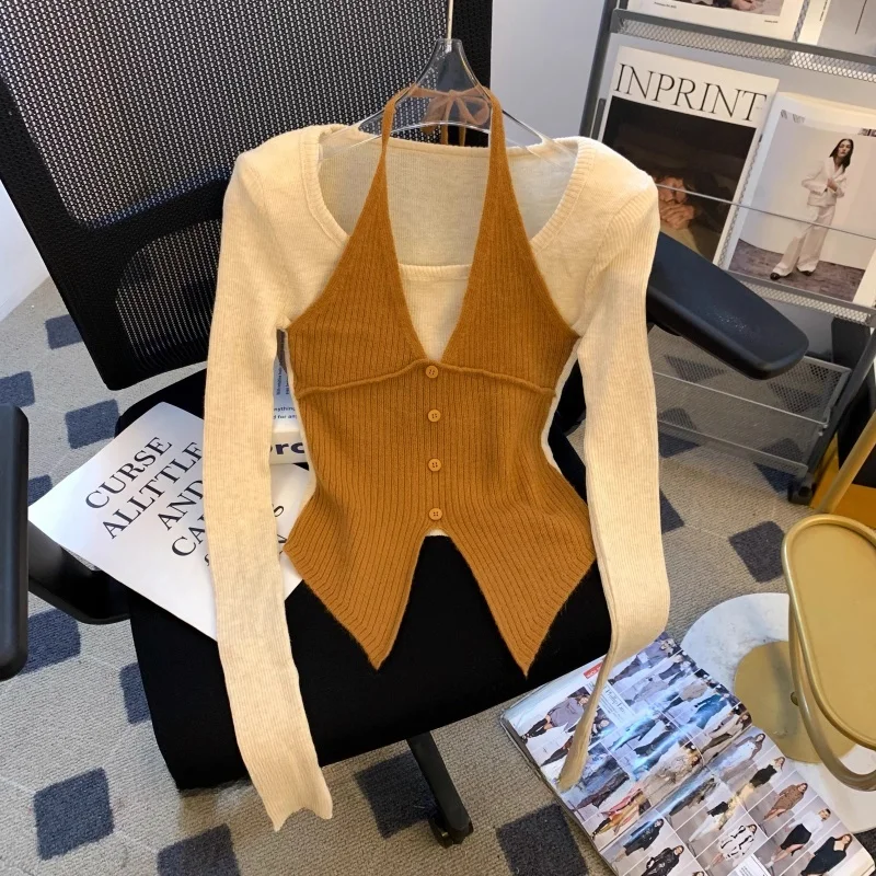 Haut tricoté Long pour femmes, Chic, doux et épicé, avec Design Ne suspendu et fente asymétrique, pour couche de Base d'automne irt