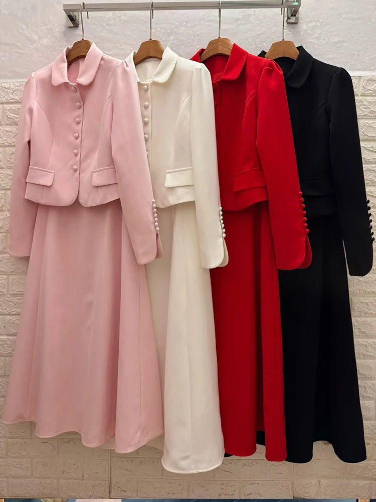 レトロな無地襟付きスリム長袖コートジャケット秋の新作ファッションツーピースハイウエストAラインスカートレディーススーツ