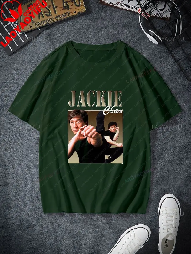 International Kung Fu Star Jackie Chan's Classic Poster Printed Men's Shirt, Everyday Casual Street Wear, Cotton 0 Neck T-shirt