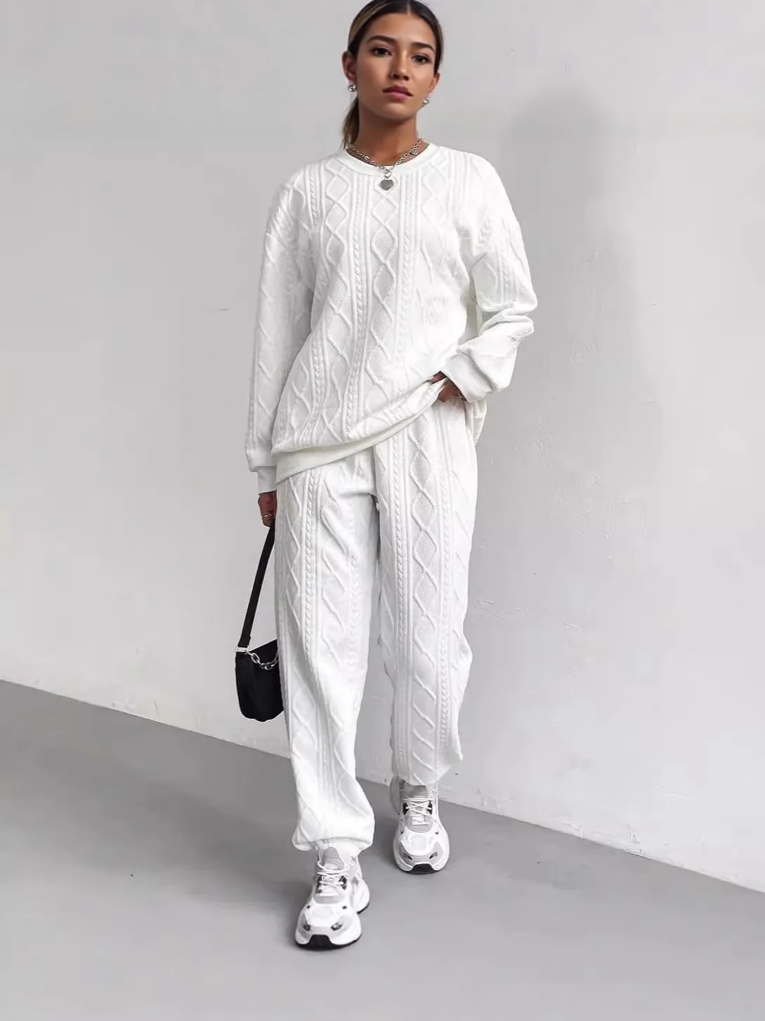 

Жаккардовые брюки в рубчик, осенне-зимние модные повседневные женские брюки с высокой талией, прямые вязаные свободные брюки, уютный комплект из двух предметов