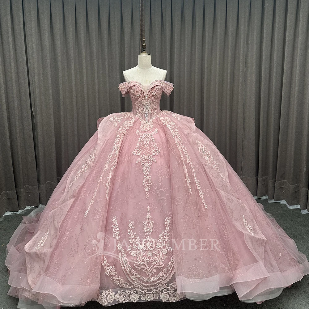 

Customized Ball Gown Pink Quinceanera Dresses Lace Tassel Off Shoulder Lace Up Back Beaded Sweet 16 Birthday Vestidos De 15 años