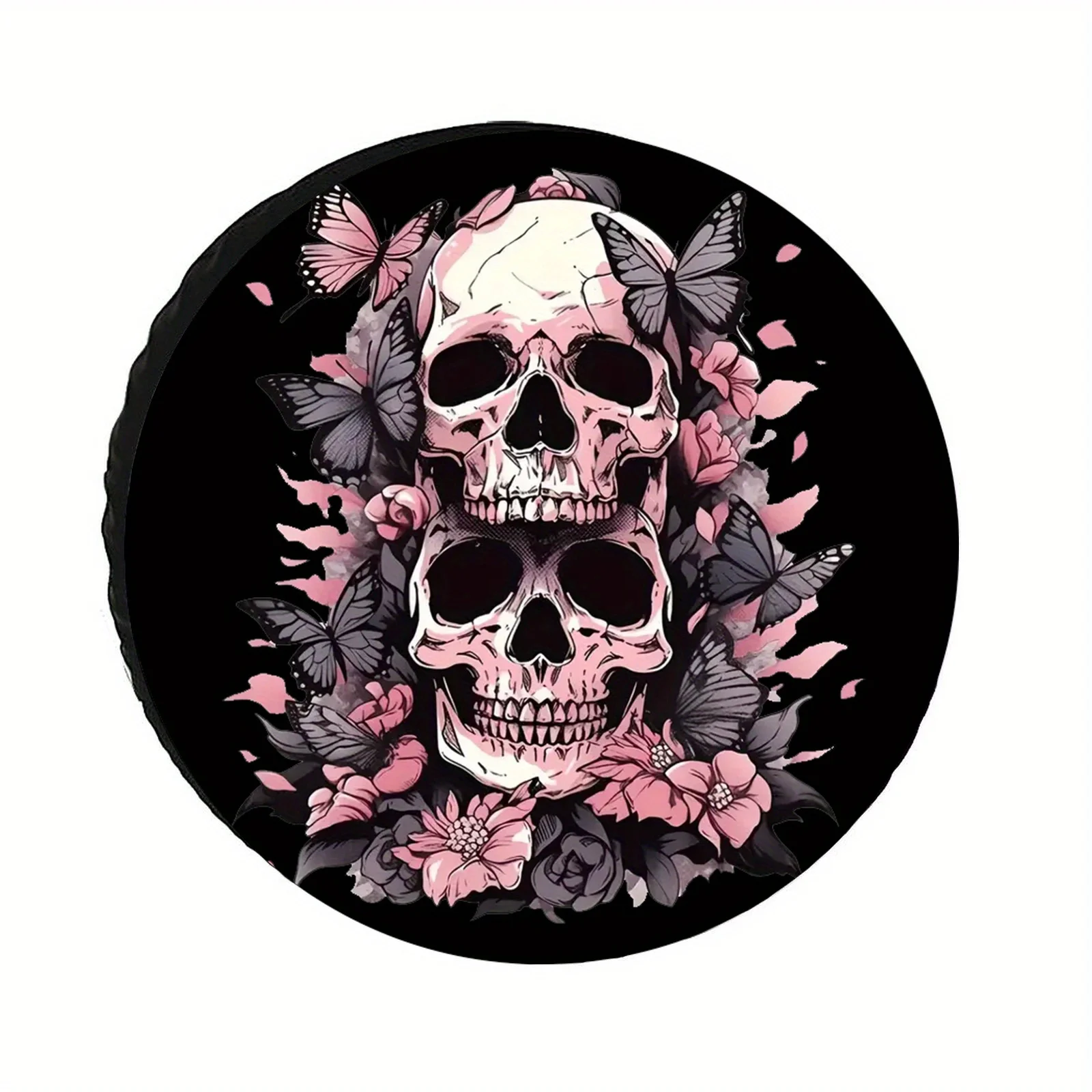 

Чехол для запасного колеса с двумя ужасающими черепами, окруженными цветами. Чехол для шин защищает колеса для прицепов, грузовиков, кемперов.