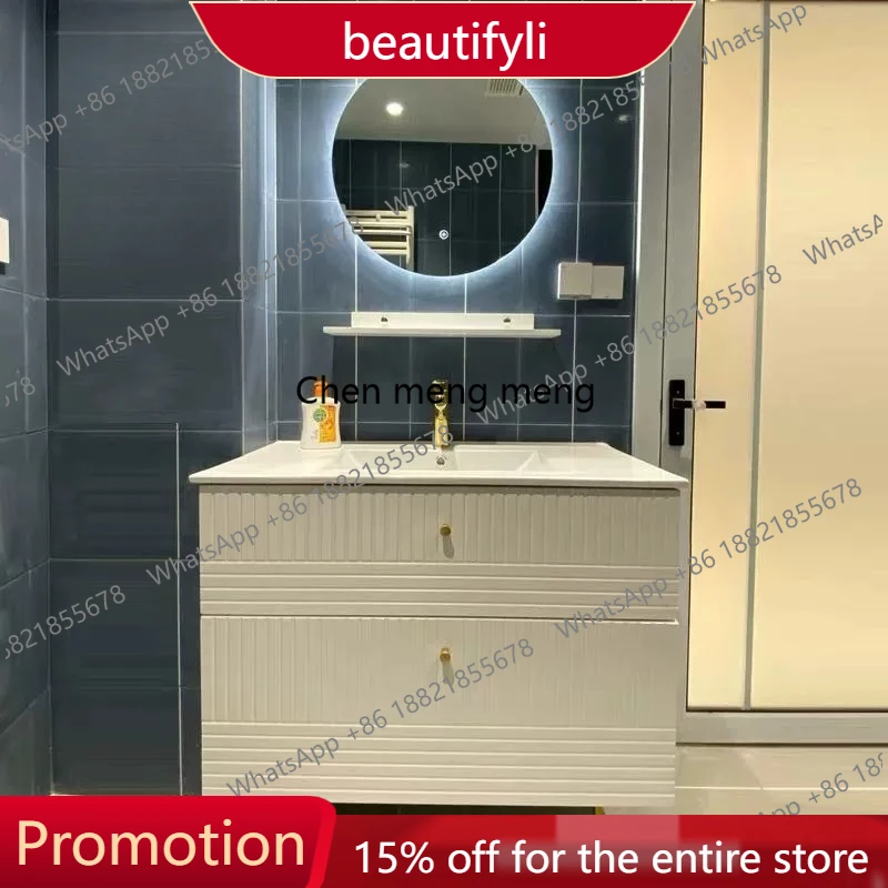 

01A Modern light luxury white French rock slab ceramic integrated washing table hand basin combination bathroom cabinet