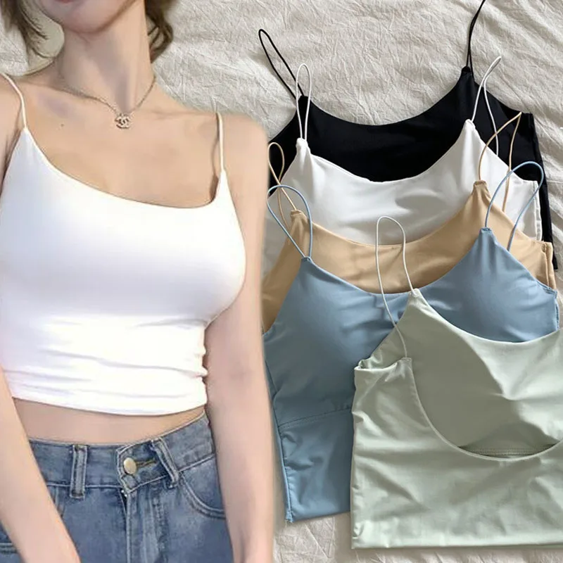 

Sexy Women Crop Tops Ice Silk Summer Bra Sports Spaghetti Strap Vest Top Women Built In Bra Off Shoulder Sleeveless Camisole