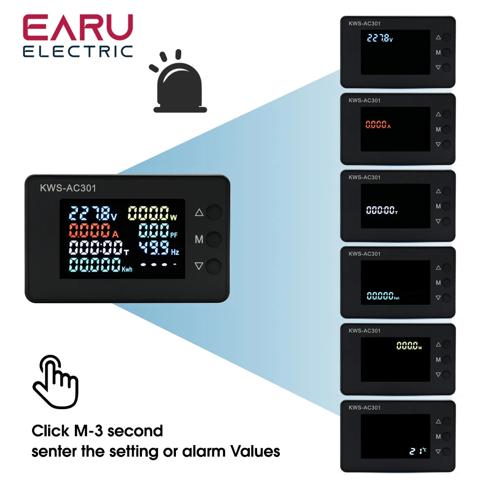 Imagem -06 - Digital Power Energia Voltímetro Amperímetro Voltagem Wattmeter Kwh Temperatura Medidor de Eletricidade ac Kws-ac301 Kws-ac300 50300 100a