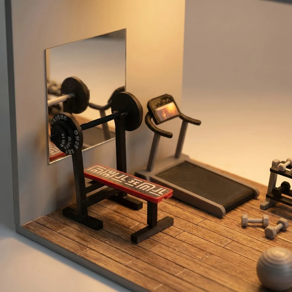 1/12 Scale Miniature Gym Equipment Set Dollhouse Fitness Model with Treadmill Weightlifting Bench ABS Material Scene Decor 1PC