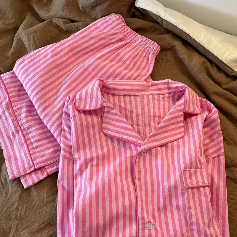 Spring and Autumn Korean Version Pink Striped Pajamas Women's Loose Long Sleeved Sleepwear Homewear Europe and America Nightwear