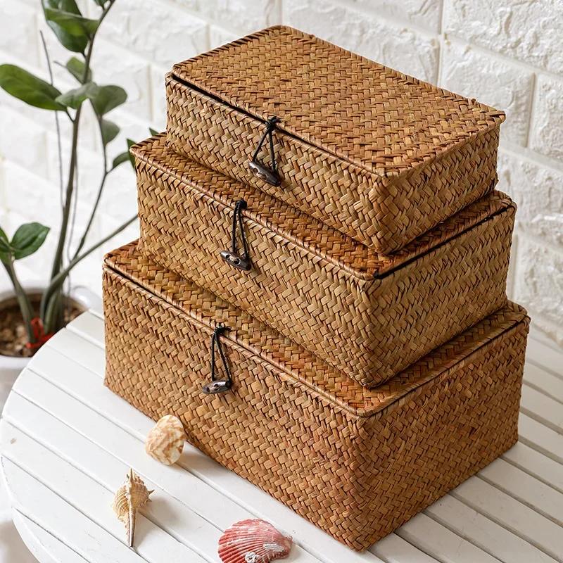 Seaweed Hand-Woven Storage Basket Sundries Organizer with Lid Cosmetic and Toy Basket Clothes Container for Home Storage