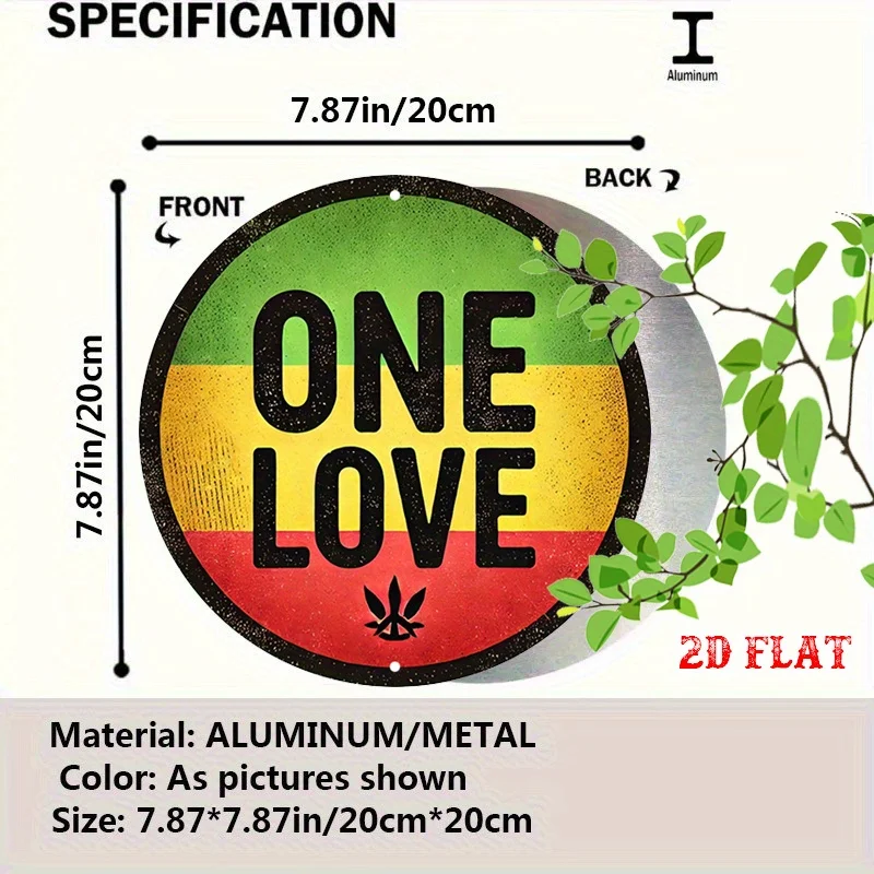1pc Reggae Spirit Round Aluminum Sign - One Love Unity Message Metal Wall Art in Rasta Colors (Green/Yellow/Red), Rustic Contemp