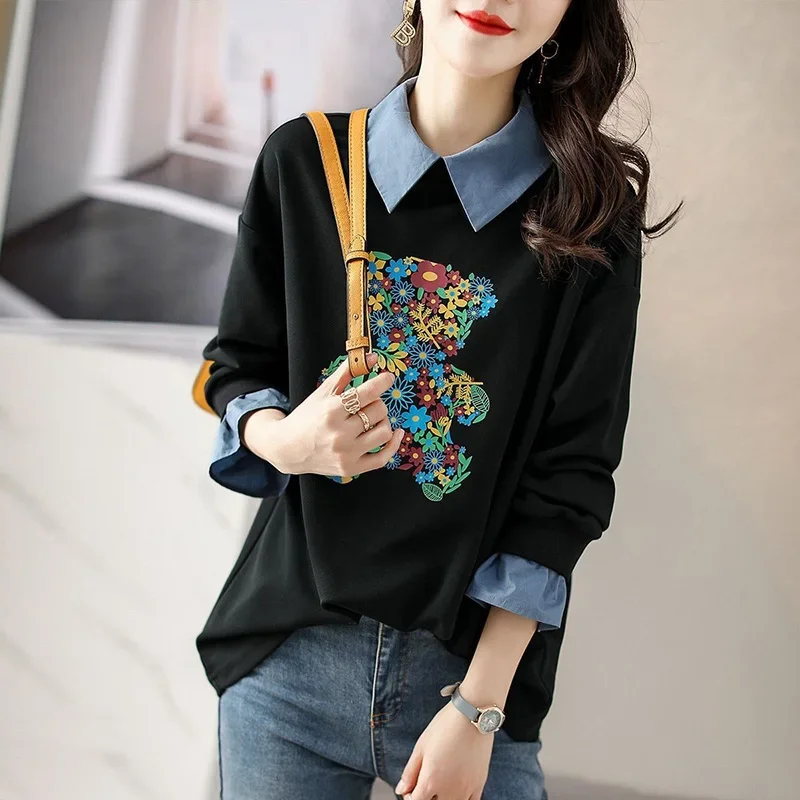 Fashion Printed Cartoon Spliced Fake Two Pieces Blouses Female Clothing 2024 Autumn Winter Loose Casual Tops Korean Shirts ZL206