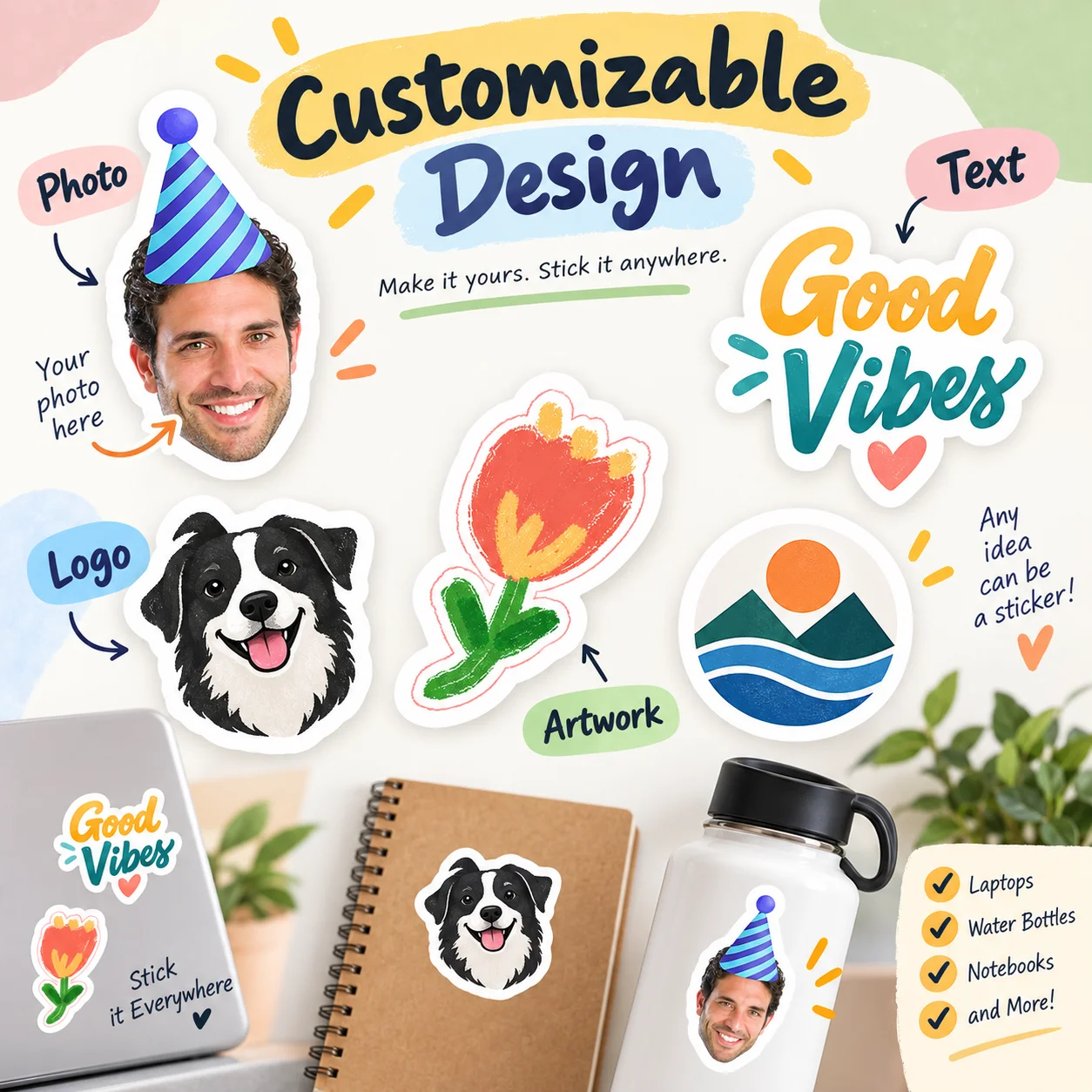 Custom Self Adhesive Photo Sticker Personalized Die Cut ID Picture Vinyl Decal for Laptop Water Bottle Phone Case Decor