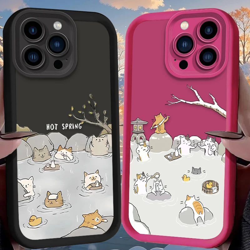 Cartoon Cute Bathing Cat Case For iPhone 16 15 14 13 12 11 Pro Max X XS X S Max XR SE 2020 7 8 Plus Shockproof Silicone Cover