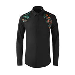 Men's Magpie Flower Pattern Printed Chinese Style Small Artwork Slimming Long Sleeve Shirt Factory