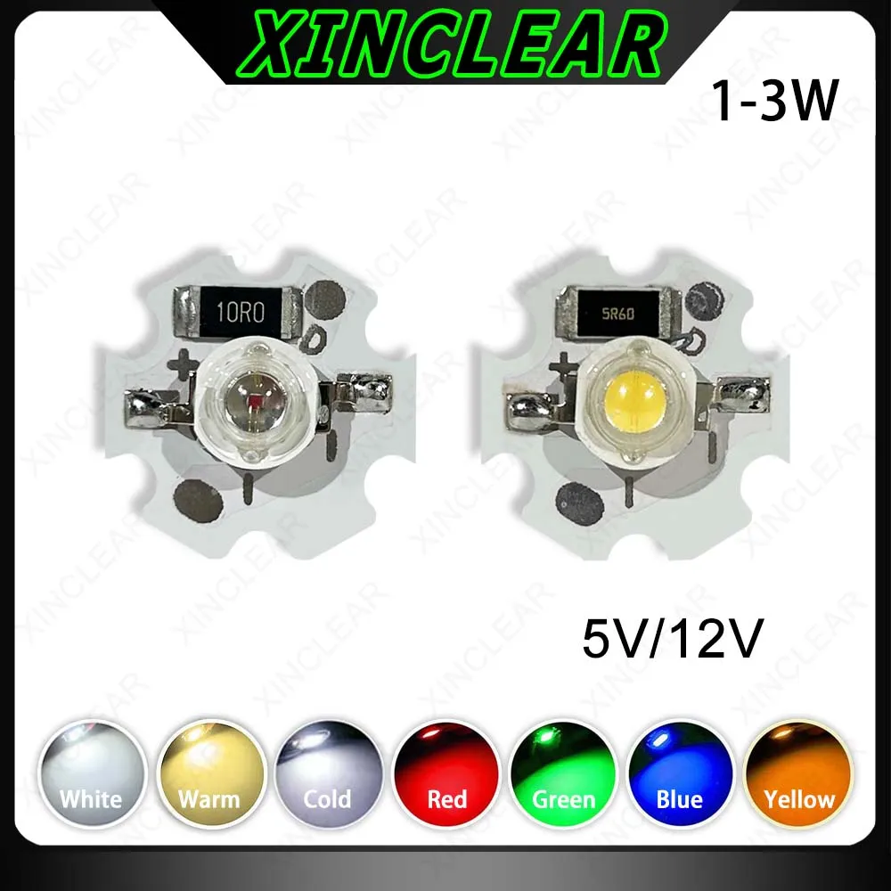 Koraliki do lampy LED 1W 3W DC12V 5V ciepły biały czerwony zielony niebieski żółty pełne spektrum chip LED wzrostu roślin z 20mm gwiazda PCB nadaje się do majsterkowania