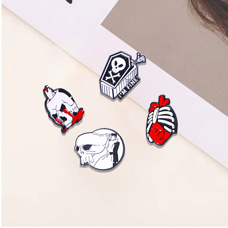 Engraçado crânio esmalte broche criativo dos desenhos animados esqueleto cabeça monstro metal emblema moda lapela pinos mochila acessórios presente