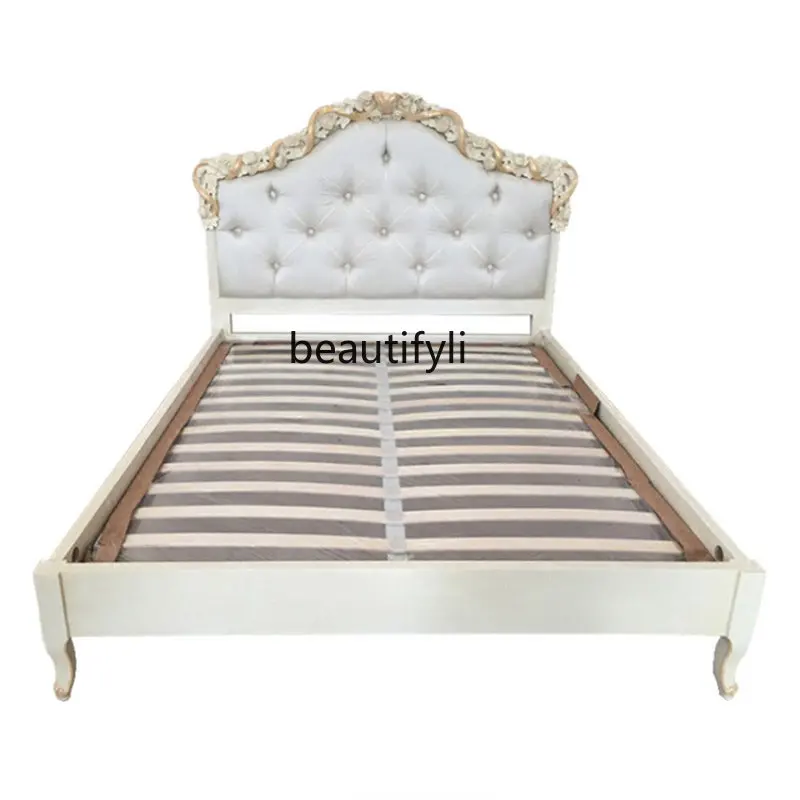 

yj Counter Italian French Style Solid Wood Bed European Style Heavy Industry Carved White Rose Double Bed