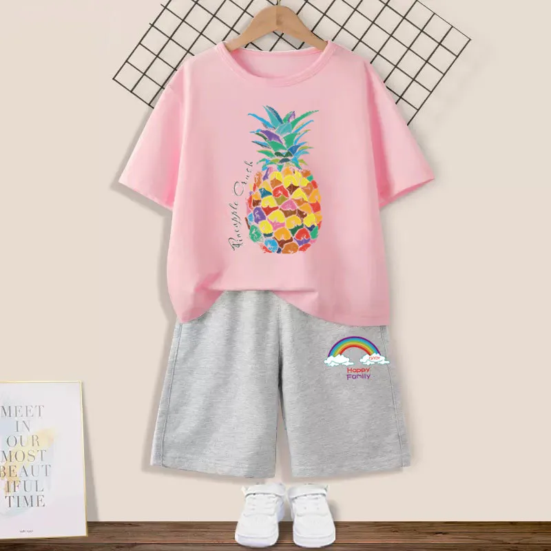 Fashion Girls Summer Clothes Sets Children T Shirt + Shorts 2 Pieces Suit Cute Fruit Pineapple Kids Sportswear 3-14 Years