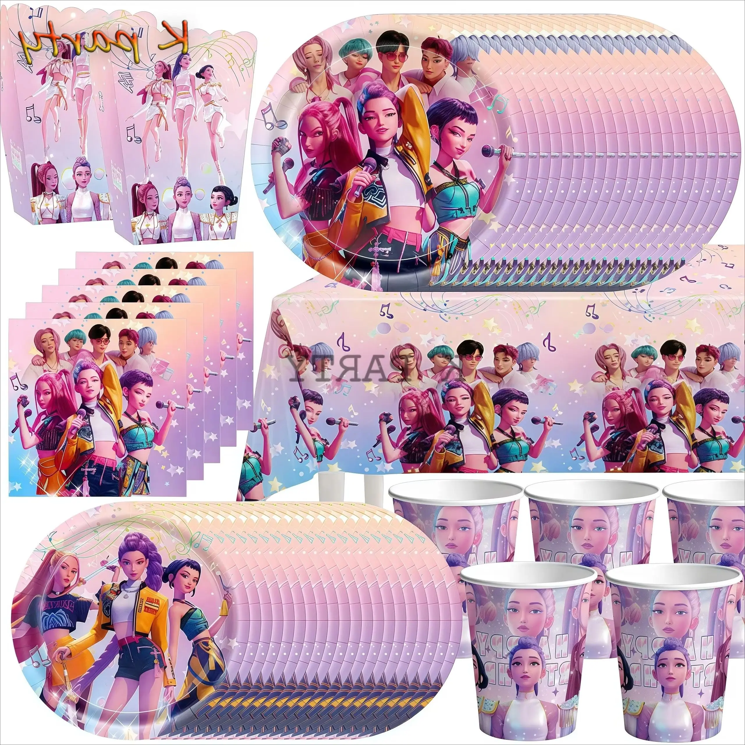 Decoração de Festa de Aniversário Kpop Demon Hunters, Suprimentos para Festa, Utensílios de Mesa, Banner, Topo de Bolo, Balão, Decoração para Crianças com Tema de Anime