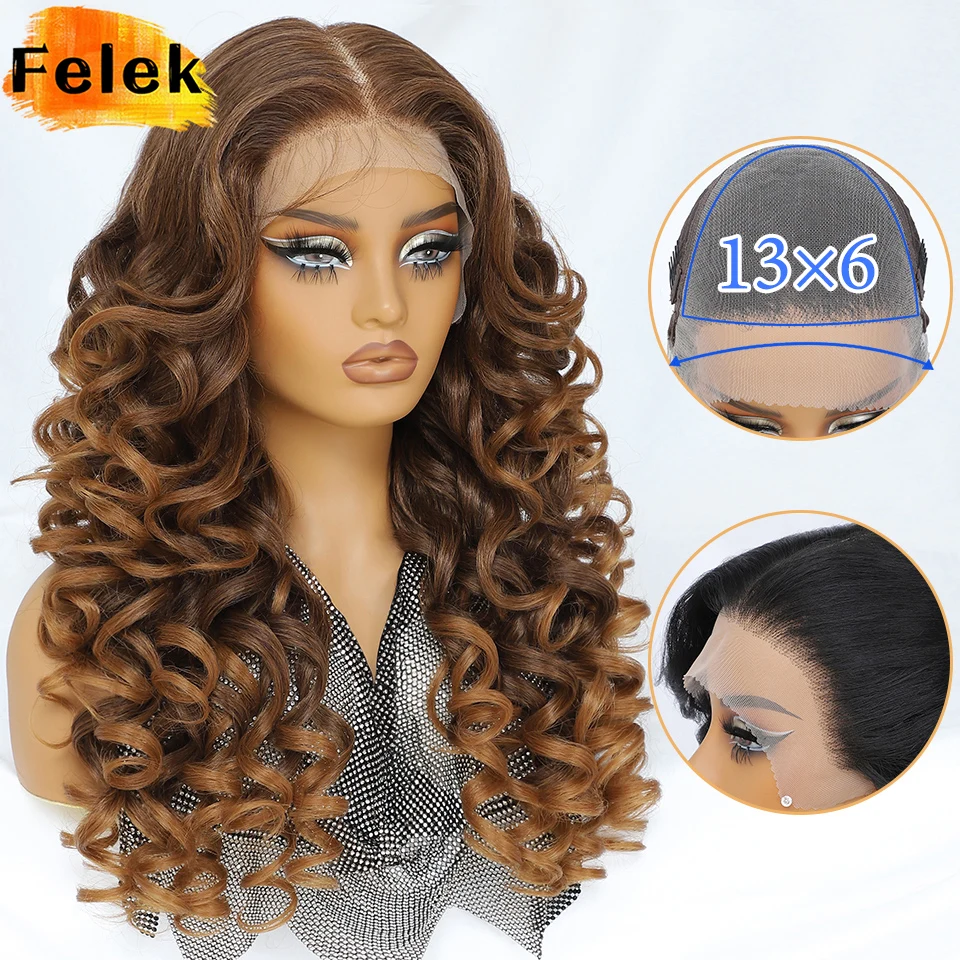 

Chocolate Brown 13x6 Lace Wigs Latisha Glueless Synthetic Lace Frontal Wigs With Natural Preplucked Hairline Halloween Curly Wig