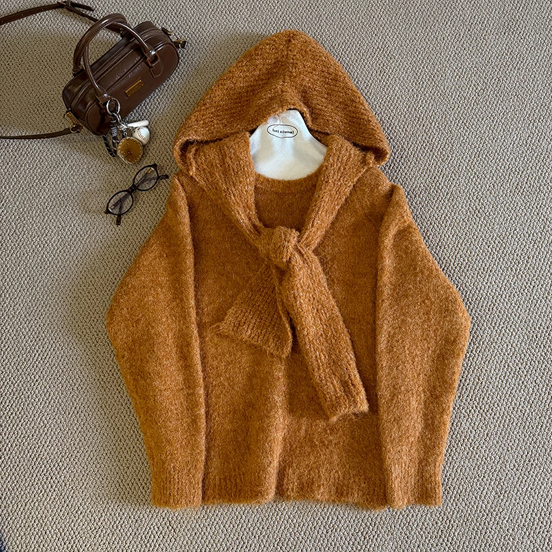 

Solid Color Hat Shawl Women's Knitted Pullover Autumn Winter Korean Style Long Sleeve Versatile Soft Sweater Female Knitwear