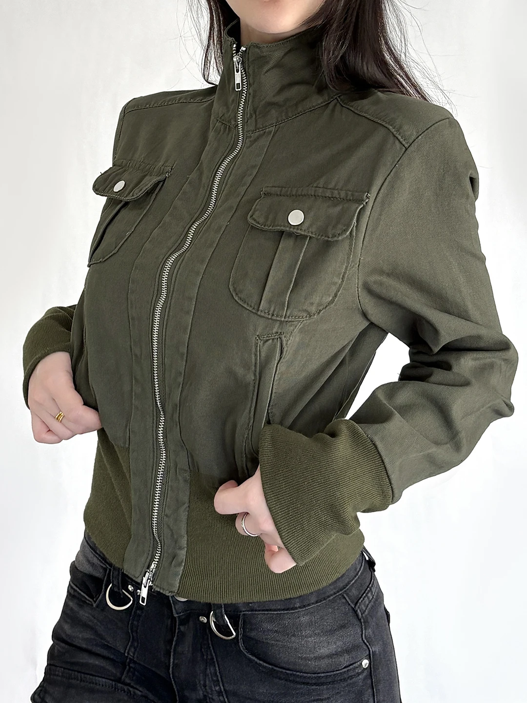 Chaqueta de Piloto para Mujer, Estilo Urbano, Holgada, con Cierre, Cuello Alto, Ropa de Trabajo Neutral, Color Único, Abrigo Cálido