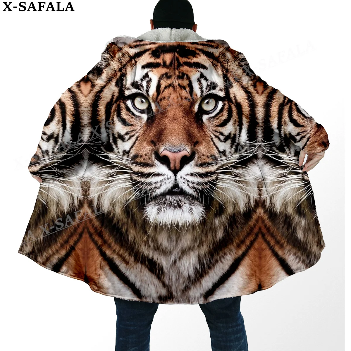 Mythology Tiger The King Spirit Thick Warm Hooded Cloak Men Overcoat Coat Windproof Fleece Cape Robe Hooded Blanket-7