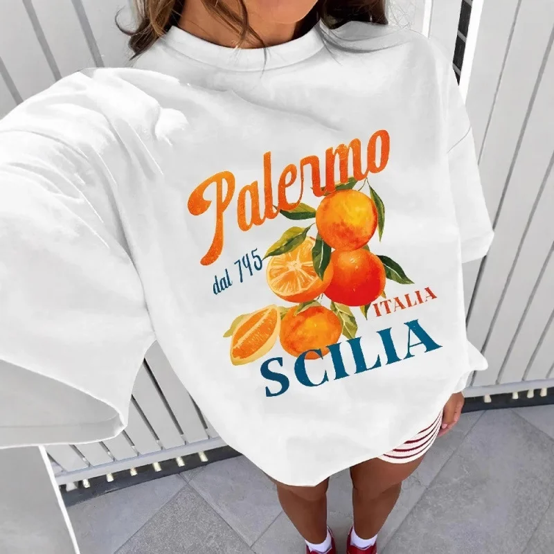 Orange Short Sleeved Shirt Printed T-shirt Women's Summer Round Neck Fruit Letter Pattern New Style  Women Clothes T Shirt