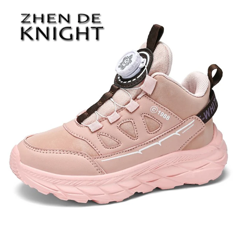 Sapatilhas de couro infantil, sapatos esportivos para meninos, botão giratório, tênis de corrida casual feminino, leve, novo, primavera