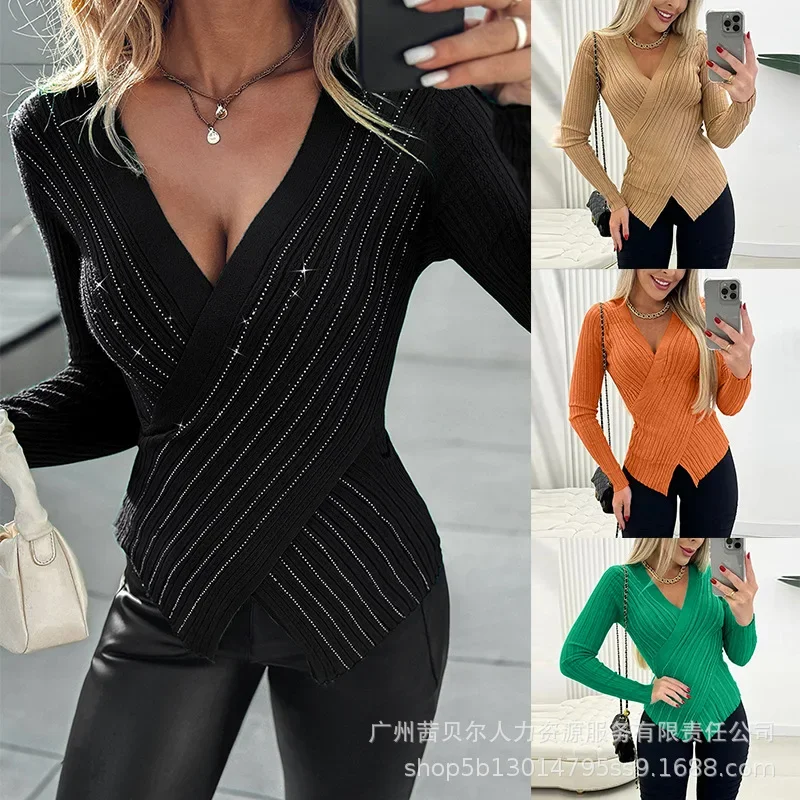 

Knitted Tops Sequined Spliced V Neck Solid Long Sleeve Tees Women Clothing Pullover T Shirt Slim Fit Streetwear 2024 Autumn