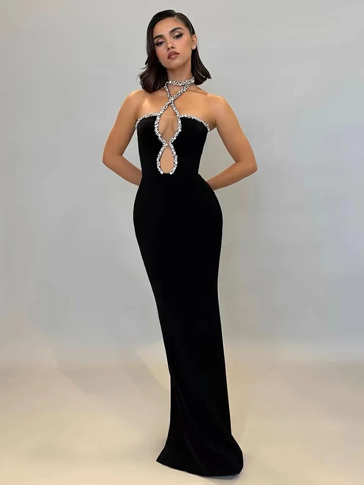 

Ailigou 2024 New Autumn Women's Black Strapless Luxury Diamond tight Long Bandage Dress Elegant Celebrity Party Evening Dress