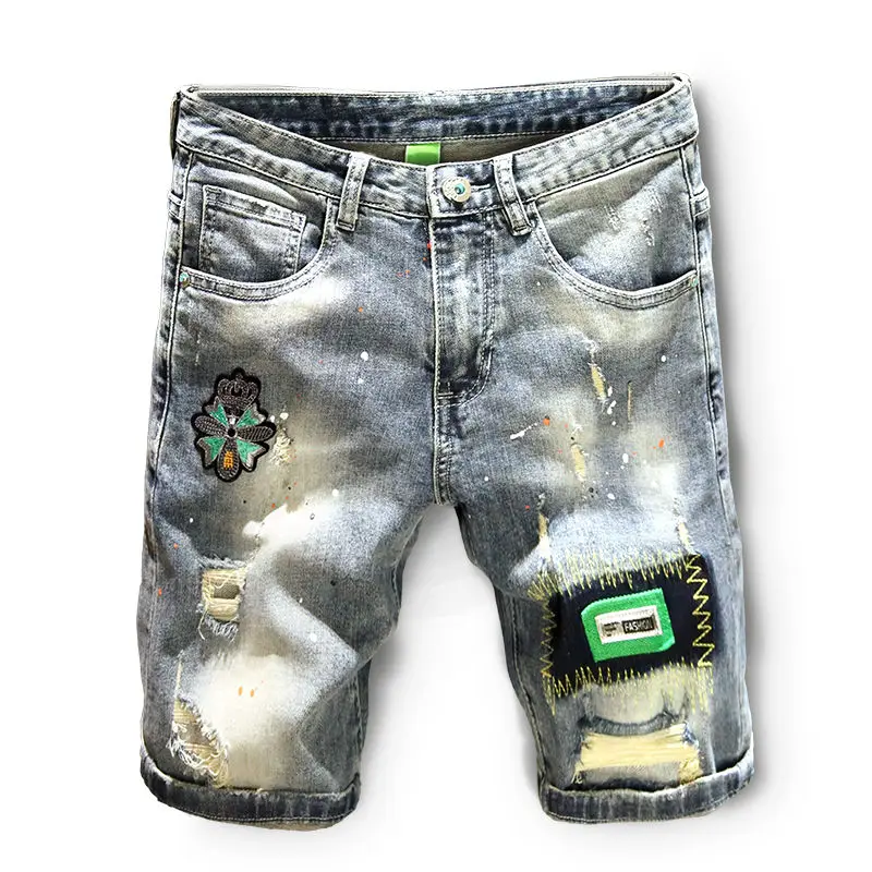 Summer Luxury Trendy Brand Denim Shorts Men's Pants Ripped Slim-fitting Elastic Washed Japanese Embroidery Patch Medium Pants
