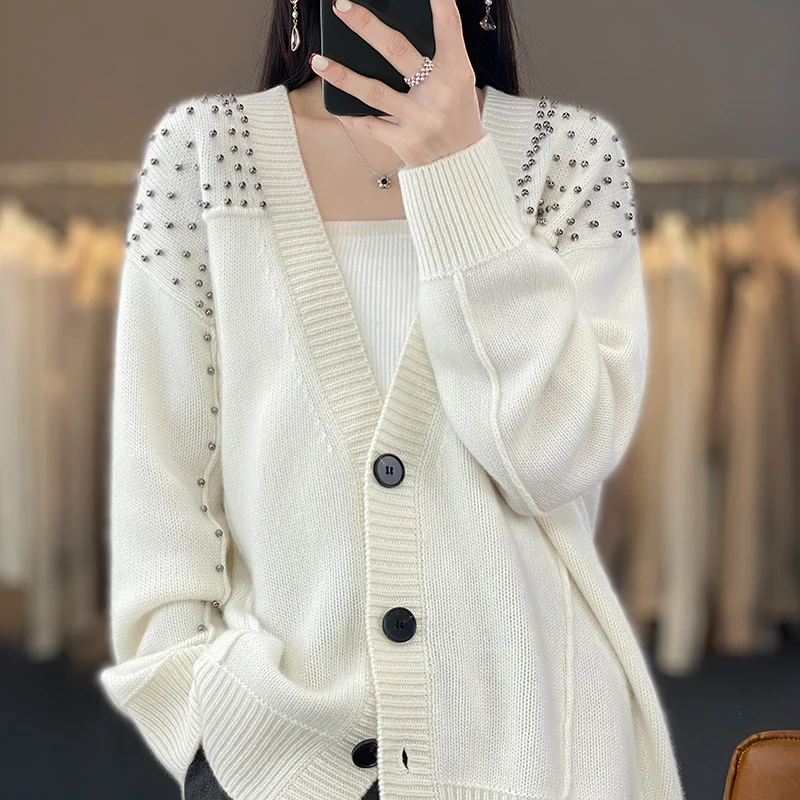 Autumn And Winter 100% Wool Long Cardigan Women\'s V-Neck Color Matching Thick Coat Sweet Strawberry Cashmere Knit Top Sweater