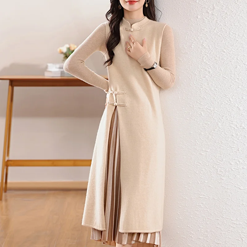 100% wool women's knitted vest, long, slit, cheongsam style, fashionable, popular, new autumn and winter 2024