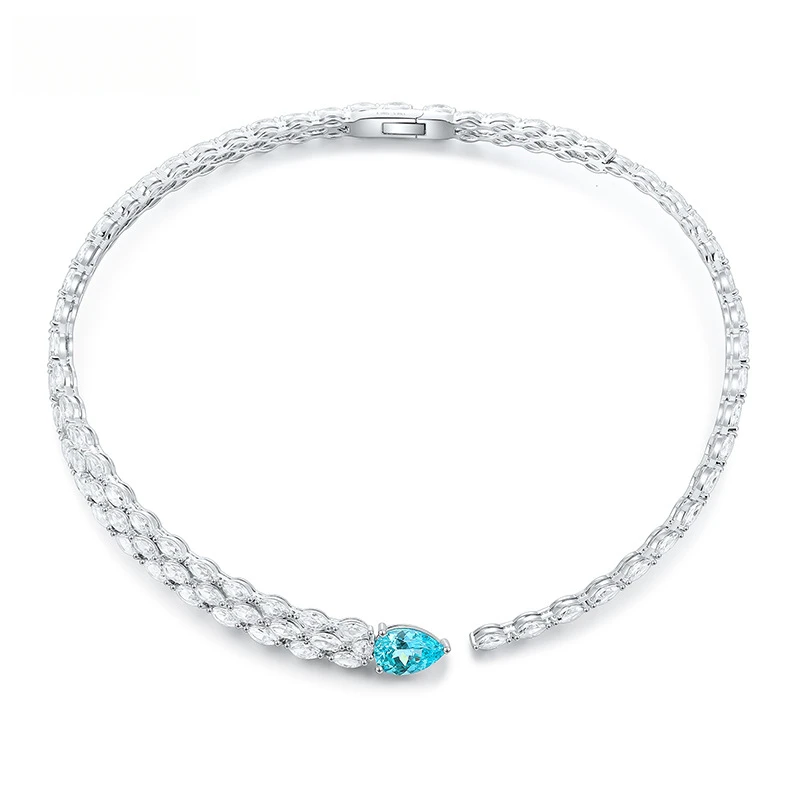 Luxury Lab Grown Paraiba Pear Cut Side White Marquise Snake Chain Choker Pendant Silver Necklace For Wedding Cocktail Jewelry