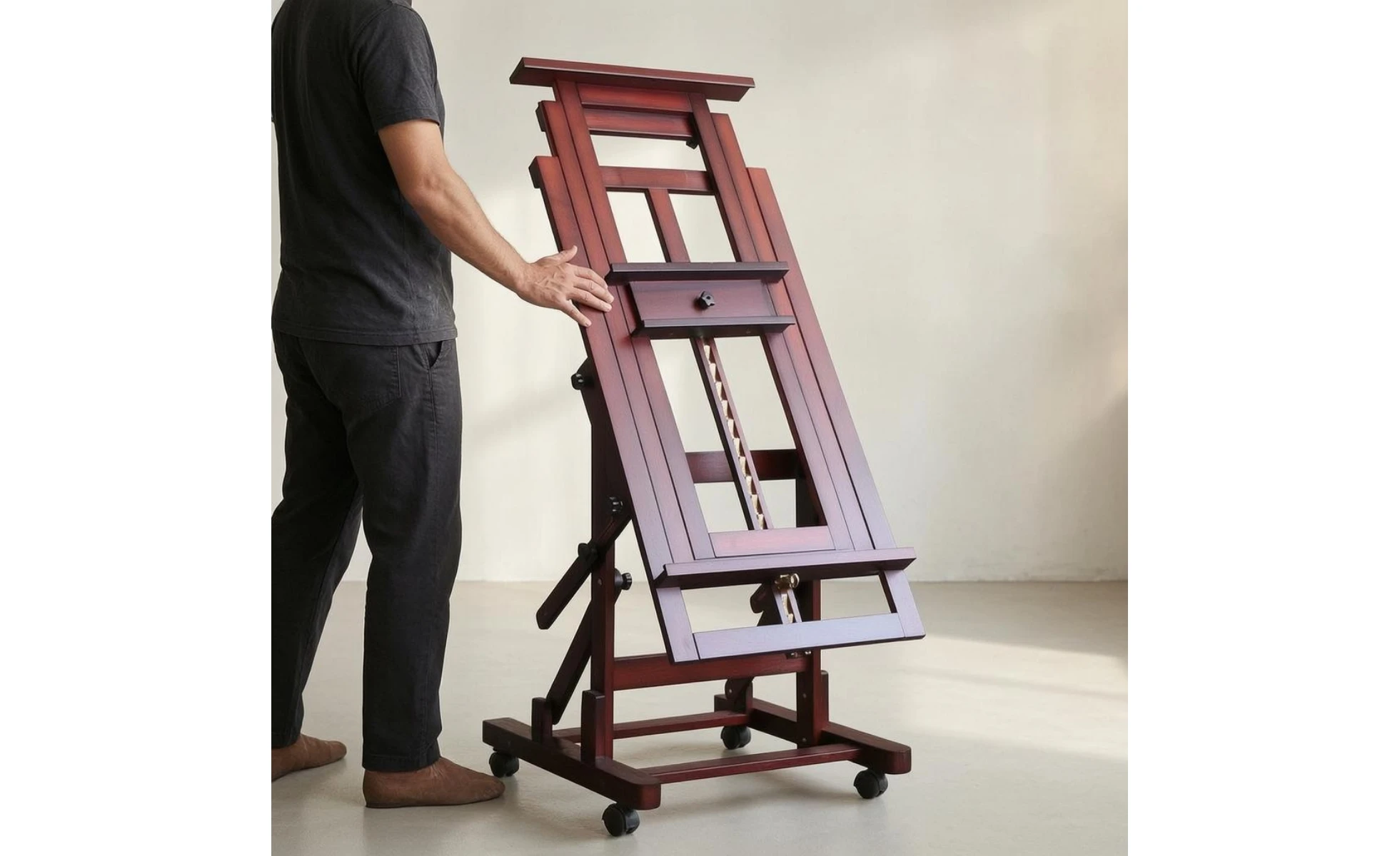 Rolling Studio Easel Horizontal and Vertical Adjustable Large Easel Art Supplies Solid Wood Wheeled for Artists, Gallery Display