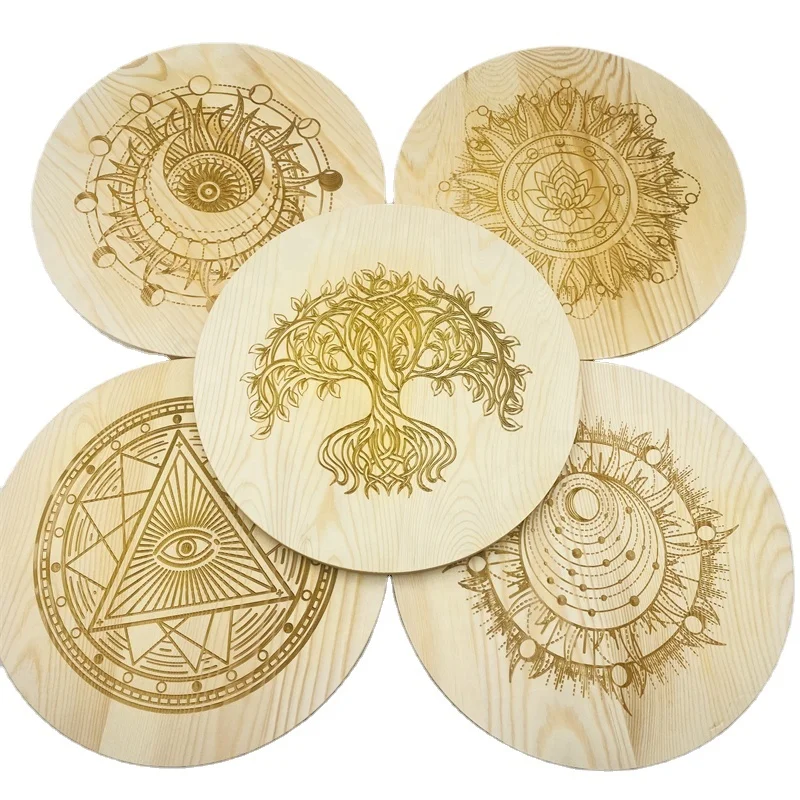 Hand made 25*1.5cm wooden round meditation chakra grid board cup mat