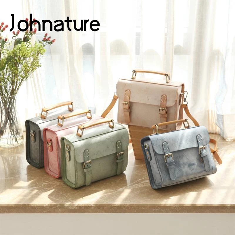 

Johnature 2024 New Vintage Handbag Genuine Leather Women Messenger Bag Fog Wax Nature Cowhide Versatile Simple Shoulder Bags