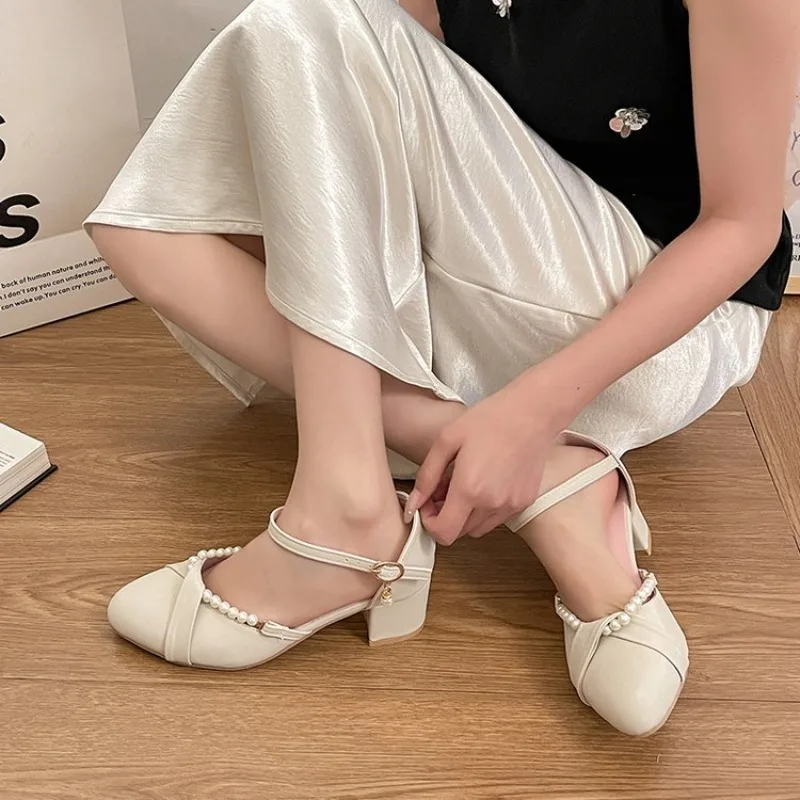 Women's Mary Janes Block Heel Round Toe Leather-Look Upper Pearl Accent Ankle Strap Mid Heel Dressy Evening Party Walking Shoes