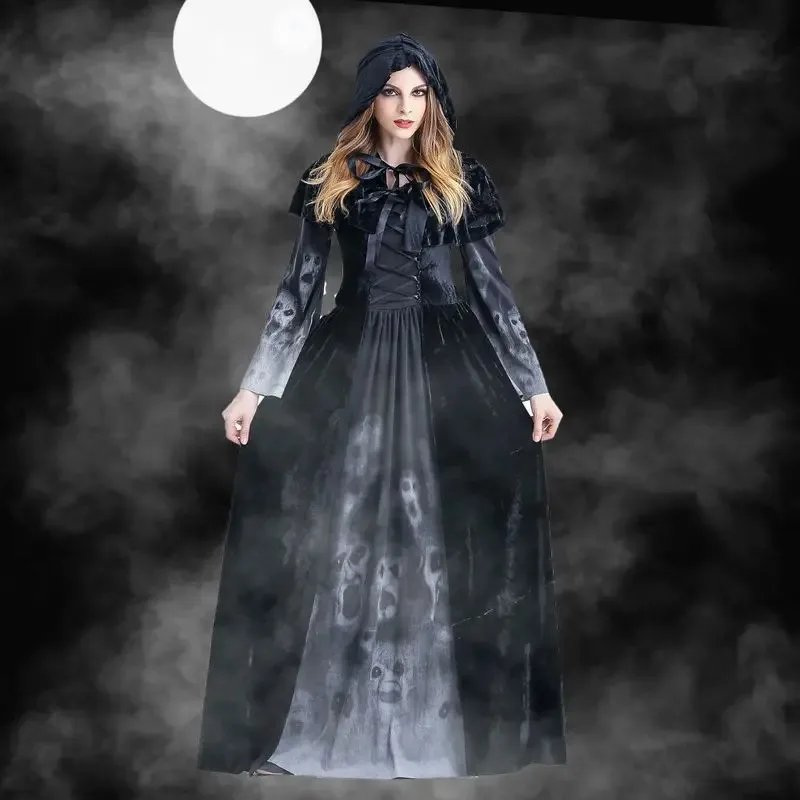 

Women Plus Size Luxury Death Cosplay Dress Halloween Costume Horror Skeleton Printed Long Style Dress Sets for Adults Party Wear