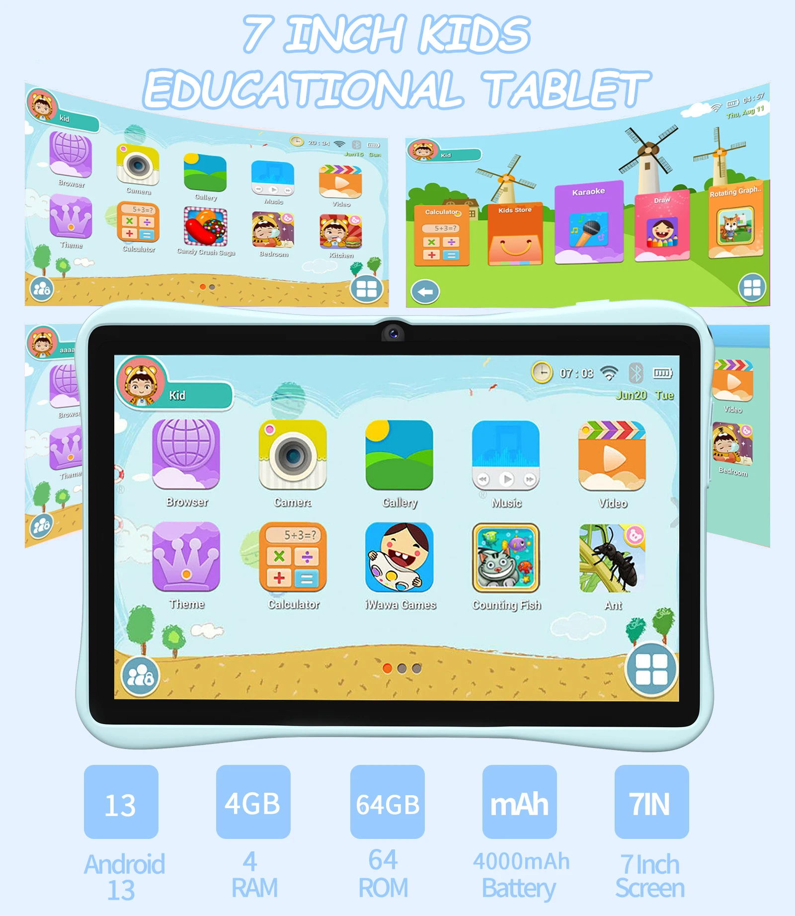 Tablet per bambini Android Originale da 7,0 pollici 4 GB + 64 GB ROM Mini Quad Core Doppia fotocamera Batteria da 4000 mAh Android 13