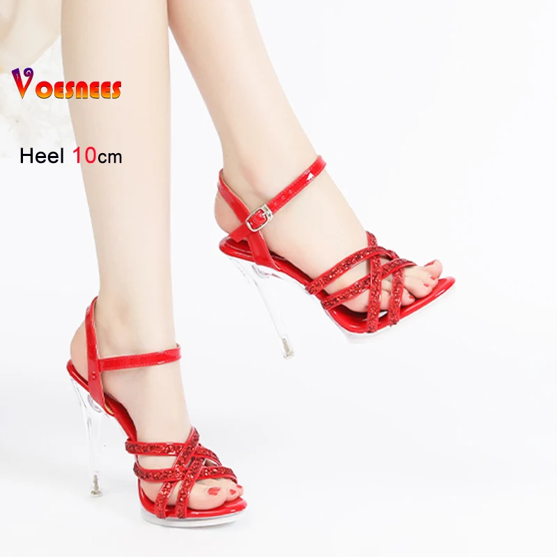 

New Women Thin Band High Heel Sandals 10CM Clear Stiletto Blingbling Sequin Club Party Sandals Large Size Summer Shoes For Woman